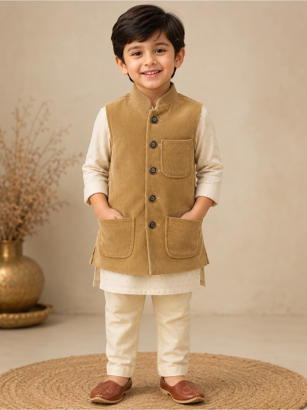 Kids Corduroy Button Vest - Mustard